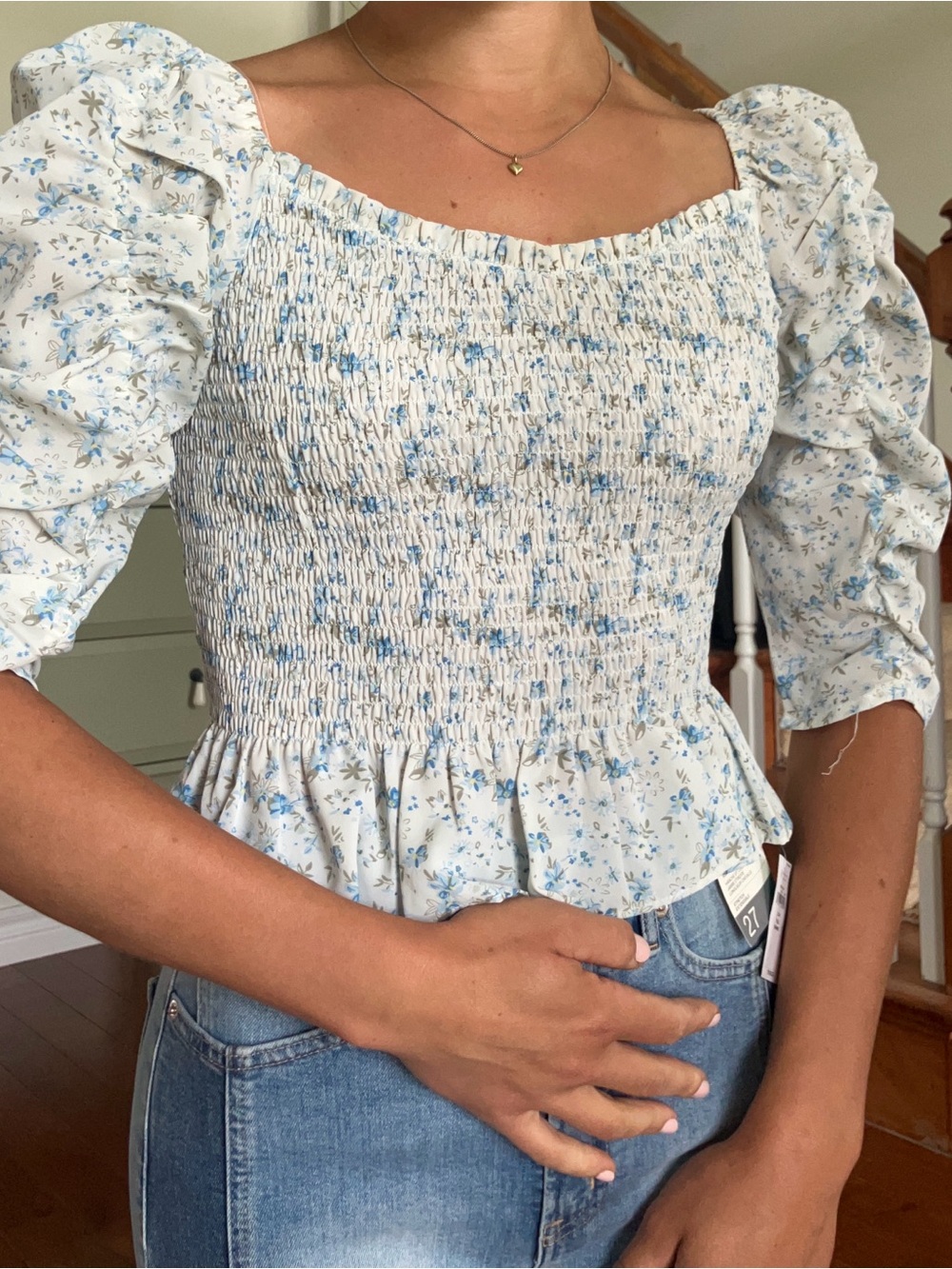Pink Martini Blue Floral Smocked Square-Neck Top